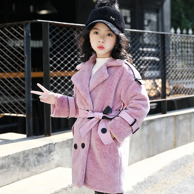 

2018 Girls Winter Coat Size 4 6 8 10 to 12 Years Yellow New Keep Warm Woolen Coat with Belt Children Kids Cardigan Clothes 5R14B