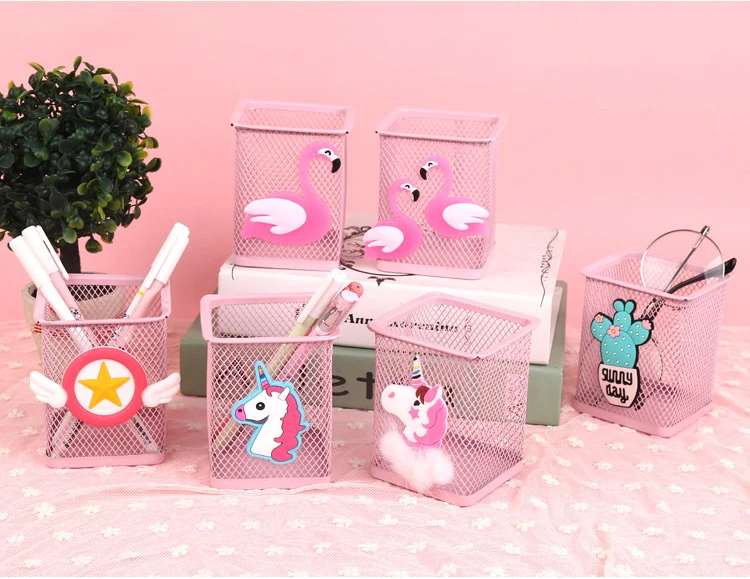 Pink Unicorn Cactus Flamingo Square Desktop Pen Holder Office School Metal Makeup Brush Storage Case Desk Pen Pencil Organizer