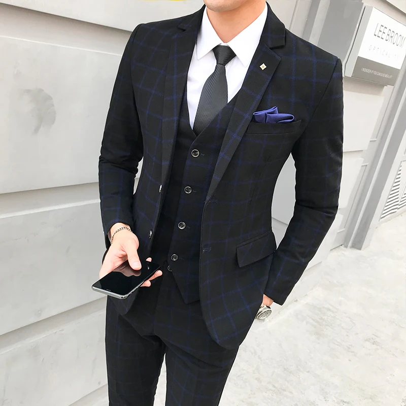 Classic Men Plaid Suits Fashion Business Banquet Men Suit Jacket + Pant + Vest Asia Size 4XL 5XL Slim Design Men 3 Piece Set