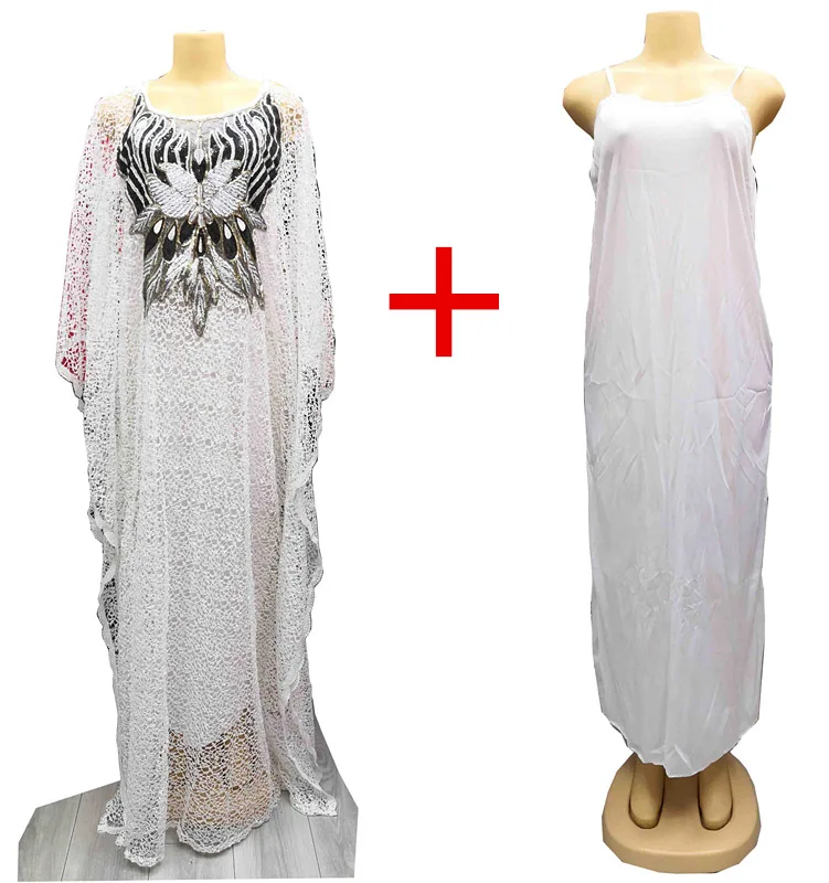 Супер размер, обхват груди 148 см, стиль, африканская Женская Дашики, Водорастворимая кружевная Свободная юбка с пайетками, вышивка бисером, длинное платье - Цвет: WHITE