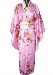 Бесплатная доставка Розовый Винтаж японский Для женщин шелковый атлас кимоно юката вечернее платье цветок один размер H0019