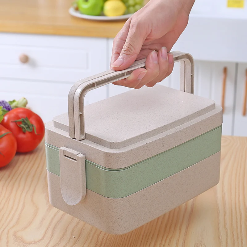 

Wheat Straw Lunch Box Food Container Large Bento Kids School Lunchbox with Handle Microwave Food Storage Box Tableware 3 Layer