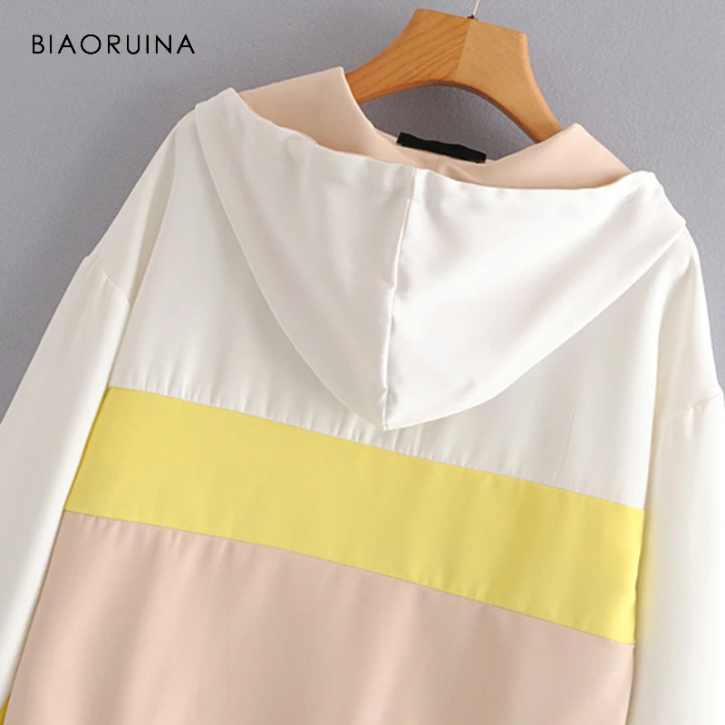 BIAORUINA, Женская контрастная цветная Повседневная Свободная куртка с капюшоном, пальто, женская модная верхняя одежда, летняя Солнцезащитная универсальная куртка