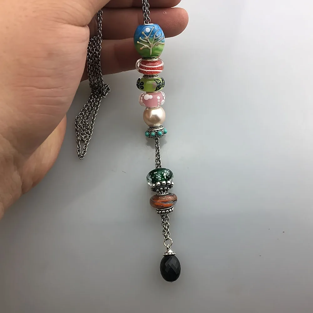Black Agate Pendant Necklace Of Onyx Stones Fit Troll European Charms 925 Sterling Silver Beads DIY Jewelry Gift For Woman (13)