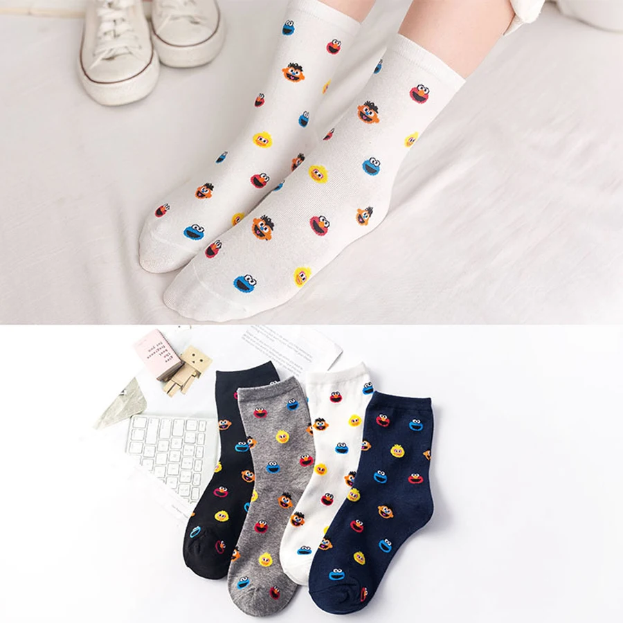 

Fashion Cute Sesame Street Socks Elmo Cookie Monster Cartoon Novelty Funny Women Sock Cotton Comfortable Breathable White Socks