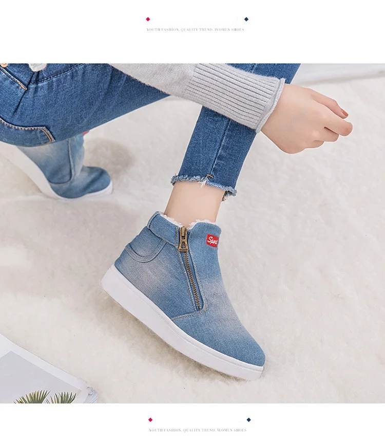 Новая зимняя обувь; женские джинсовые ботильоны; классические зимние ботинки на молнии; утепленные плюшевые ботинки на плоской подошве; zapatos mujer; Прямая поставка