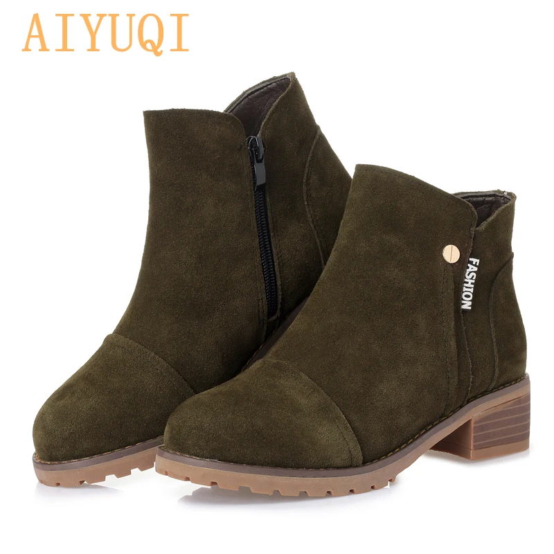 AIYUQI; коллекция года; Сезон Зима; новые женские Кожаные Замшевые Зимние ботинки; шерстяные теплые красные ботильоны для женщин; трендовые женские Ботинки martin