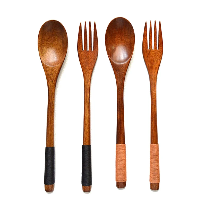 Set of 2 Wooden Spoon Fork Set Long Handle Japanese Style Wood Soup Spoon Dinner Salad Fork Kids Outdoor Cutlery Kitchen Utensils (8)
