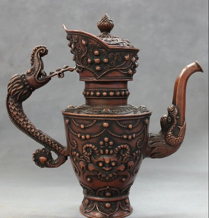 

10" Chinese Red Copper Bronze Buddhism Dragon Head Statue Lion Wine Pot Teapot