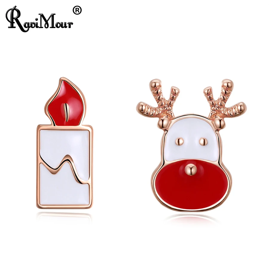 

RAVIMOUR Women Stud Earring Christmas Jewelry Chic Candle Deer Copper Earring White Red Female Earing Fashion Girls Party Gift