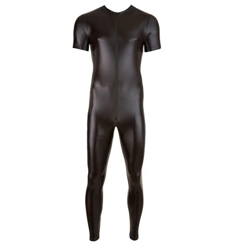 

Sexy Men Two Way Zipper Open Crotch Bodysuit PU Shiny Catsuit Jumpsuit Erotic Costumes Club Punk Playsuit Gay Wear Plus Size F42