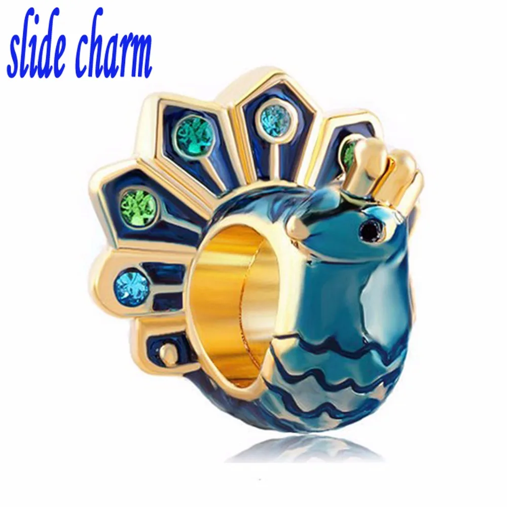 

slide charm Free shipping peacock blue enamel crystal beads fit Pandora charm bracelet animal lover mother for Christmas