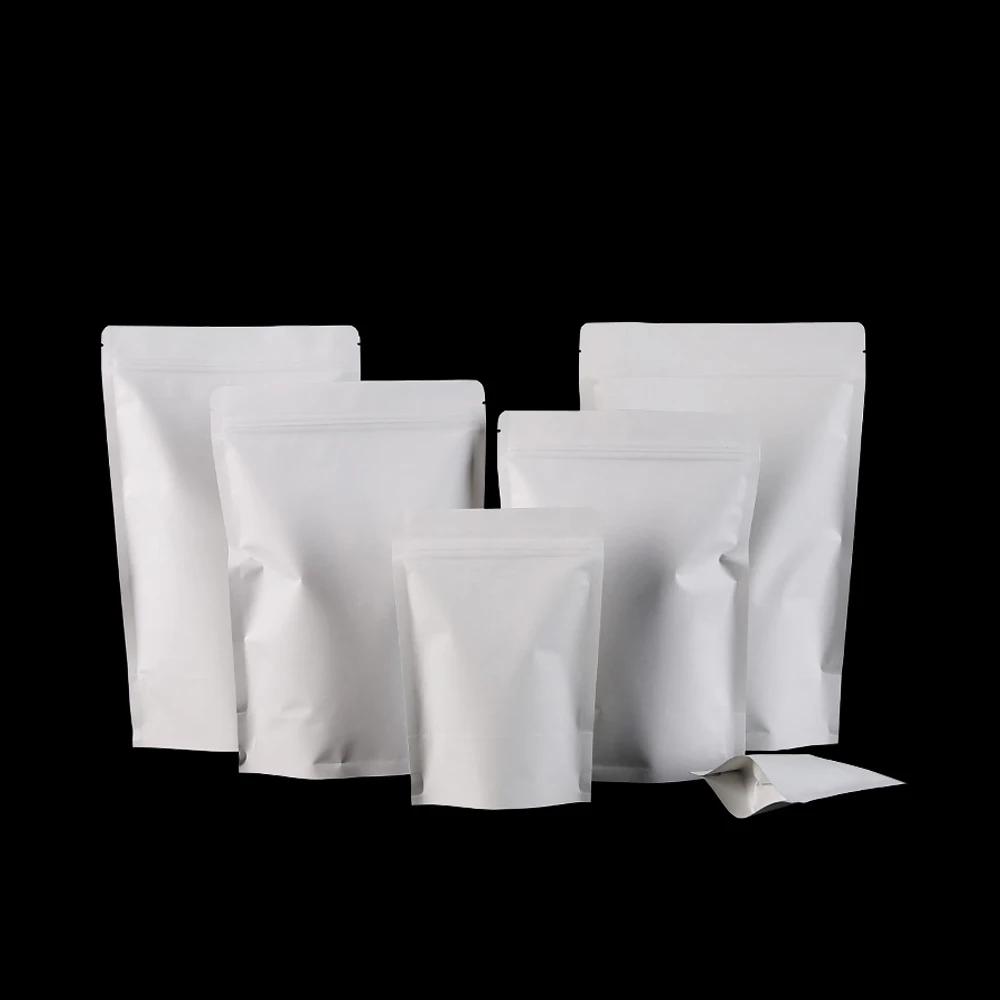 

50Pcs White Stand Up Kraft Paper Zip Lock Packaging Bag Resealable Aluminum Foil ZipLock Paper Pouch for Dry Bulk Food Package