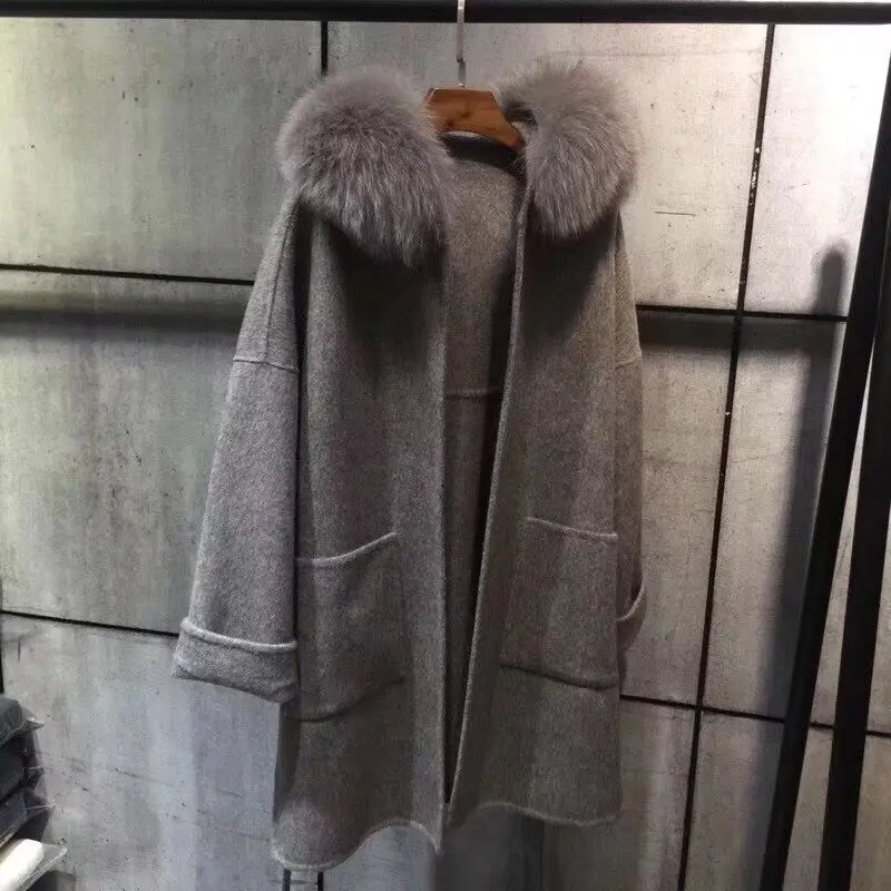 Женские кашемировые пальто, двухсторонняя шерсть, большой воротник из меха лисы, пальто, тонкое и тонкое,, модная зимняя длинная кашемировая верхняя одежда