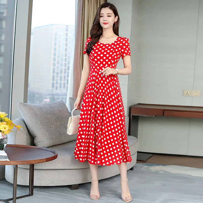 Women Short Sleeve Dot Print Dress Summer Dresses Casual Female Long Dress Women Short Sleeve Dot Print Dress Summer Dresses Casual Female Long Dress
