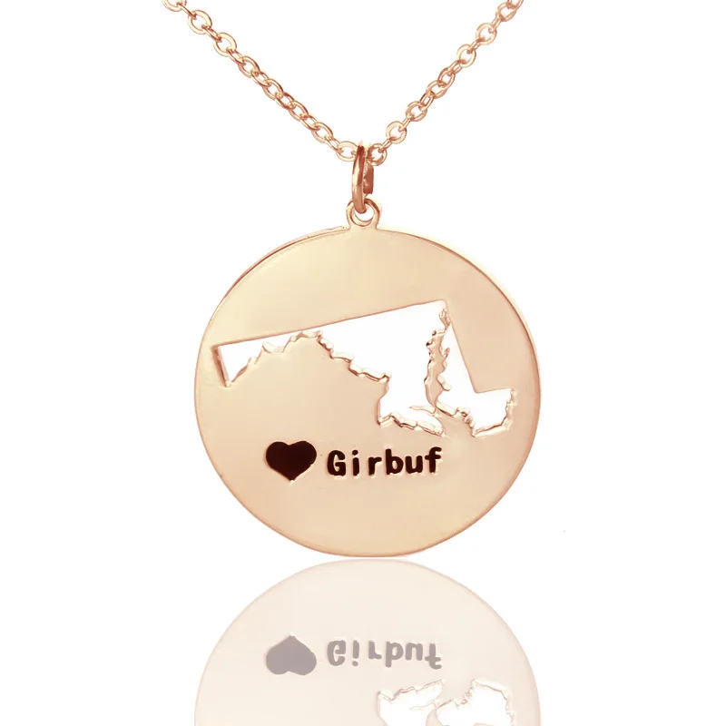 

AILIN Personalized USA State Shaped Necklace With Heart Rose Gold Color DIY Maryland State Charm Necklace Custom Map Necklaces
