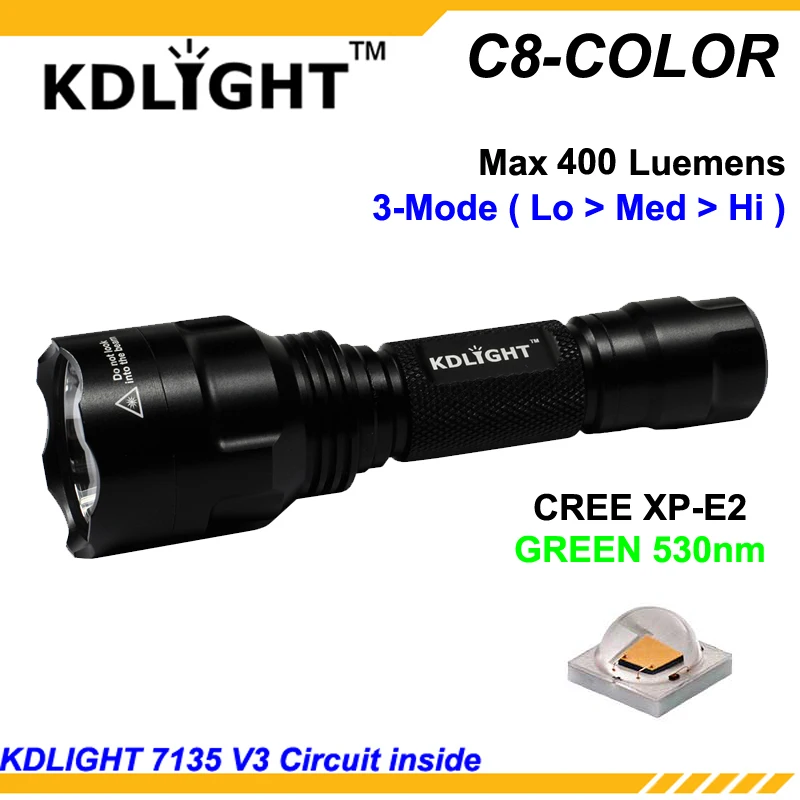 KDLITKER C8-COLOR Cree XP-E2 зеленый 530nm 400 люмен Кемпинг Охота светодиодный фонарик-черный (1 х