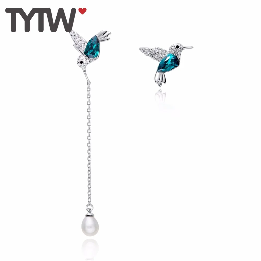 TYTW 925 Серебряные любимые серьги с кристаллами из австрийского жемчуга женские корейские модные брендовые зеленые длинные серьги-гвоздики