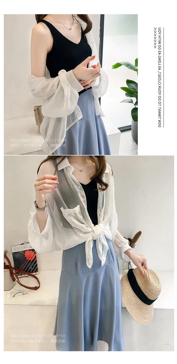 Shirts Women Chiffon Sunscreen Clothing Ladies Korean Style Top Womens Striped Blouse Outwear Loose Shirt Thin Elegant Coat Chic