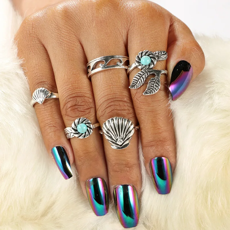 5 pieces/set Vintage Shell Shark Midi Rings Set For Women Blue Stone Tibetan Animal Carved Boho Ring Jewelry Knuckle Rings 5 pieces/set Vintage Shell Shark Midi Rings Set For Women Blue Stone Tibetan Animal Carved Boho Ring Jewelry Knuckle Rings