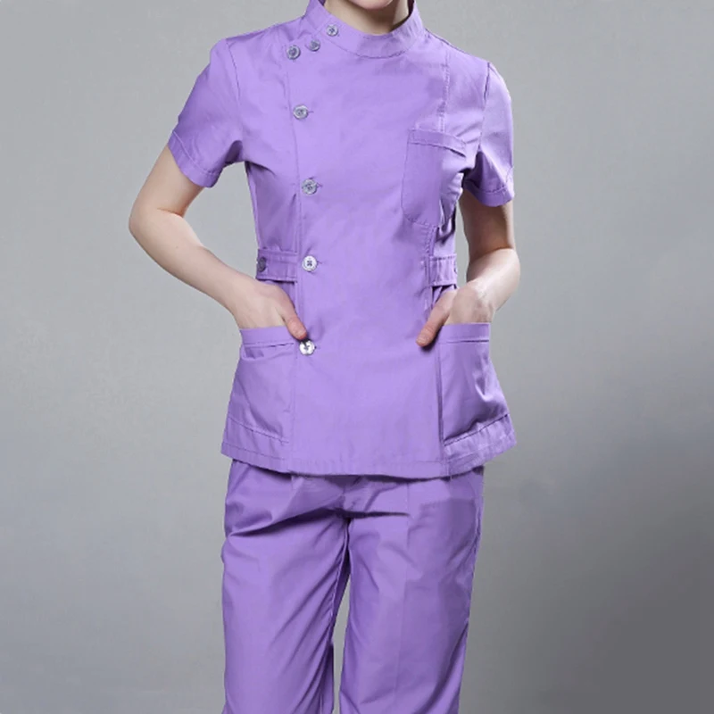 Больничные хирургические костюмы для женщин, скрабы для кормления, униформа для салонов красоты, Женское пальто с коротким рукавом+ штаны, медицинская одежда для медсестры - Цвет: Purple