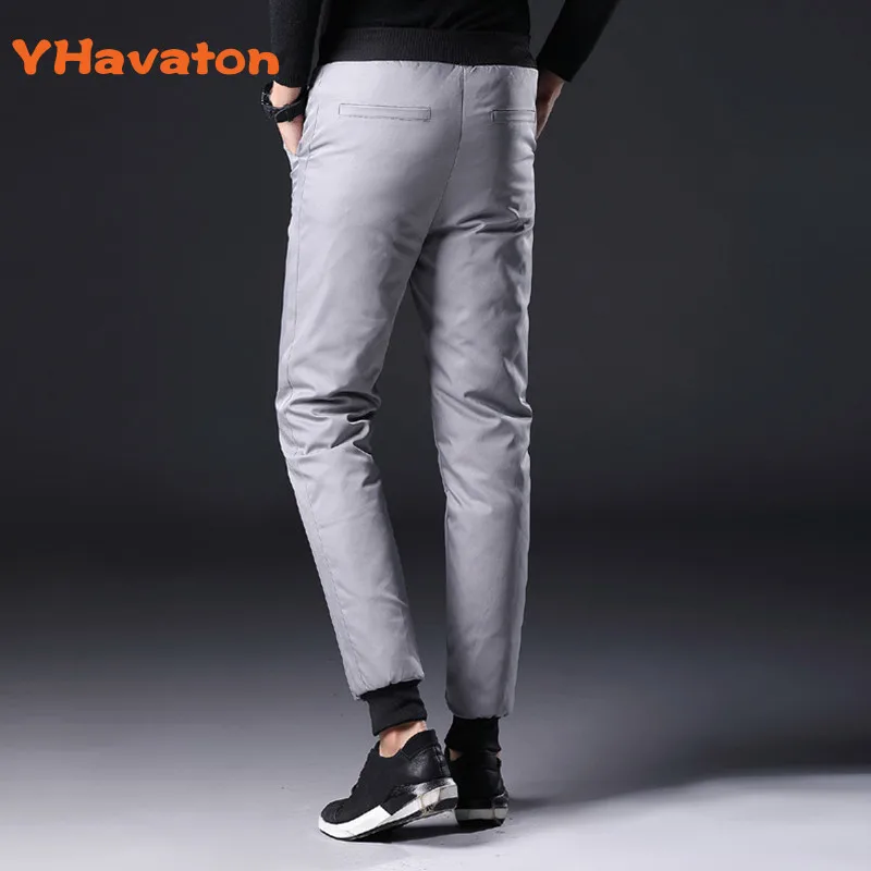 YHavaton Winter Mens 90% White Duck Down Pants Quality Elastic Waist Slim Snow Pants Warm Down Padded Trousers Male Outerwear