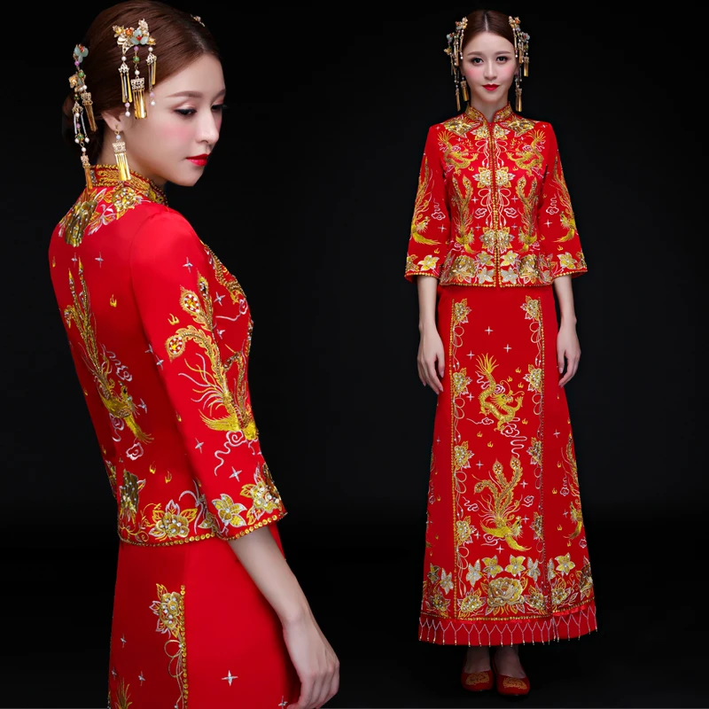 Восточный Дракон и Феникс Ципао костюм китайский для женщин Свадебное платье традиционный Азиатский невесты брак со стразами Qipao