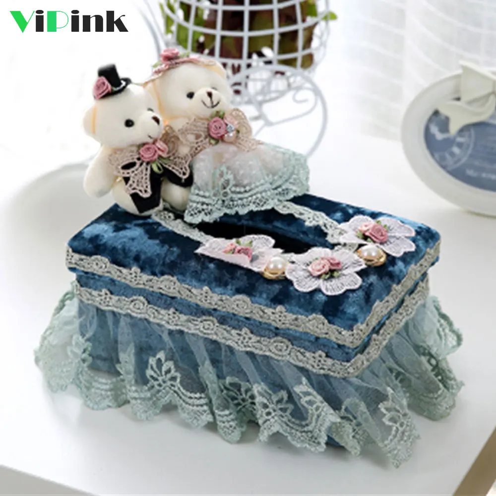 High-end Lace Fabric Tissue Box Holder Couple Bear Wedding Table Decoration Tissue Box Cover Case Napkin Dispenser Storage Box