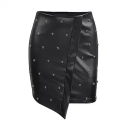 Из искусственной кожи короткая юбка женская мода 2018 облегающая черная сексуальная мини-юбка с заклепками уличная Высокая талия облегающая