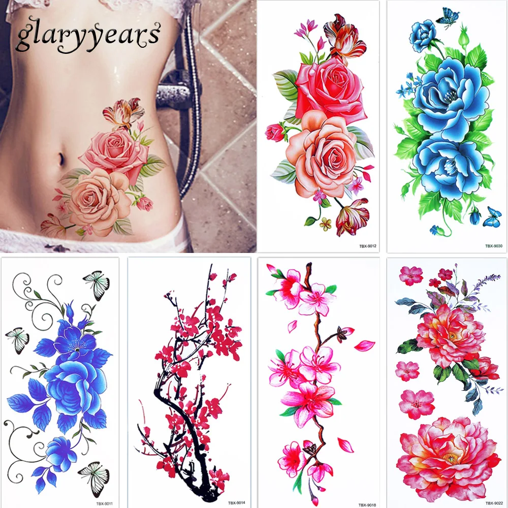 

glaryyears 3 Pieces/lot Pretty Blooming Flower Colored Drawing Body Tattoo Temporary Blue Enchantress Leg Arm Art Tattoo Sticker