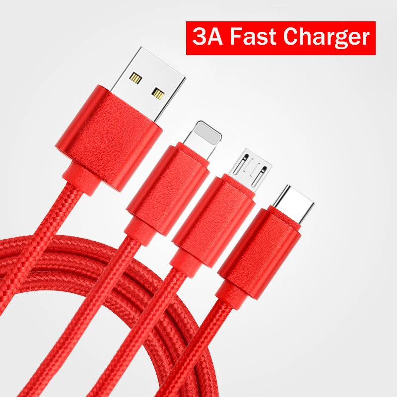3 в 1 USB кабель для телефона для iPhone type C Micro USB кабель 3A провод для быстрой зарядки для iPhone samsung Xiaomi нейлоновый плетеный провод