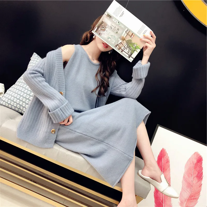 HAMALIEL New Arrival Fall Winter Suits Orange Knitting Single Breasted Loose Cardigan + Sleeveless Midi Split Women Skirt Suits