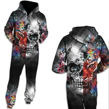 

Qybian Gothic Skull Hooded Women Men Autumn Winter Onesies Jumpsuits Hooded Rompers Tracksuit Sweatpants Free Shipping