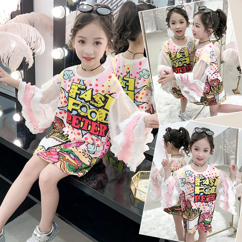 

Summer girls tee dress baby streetwear kids dress Children vestidos fast food print mesh puff sleeve 4 to 12 yrs