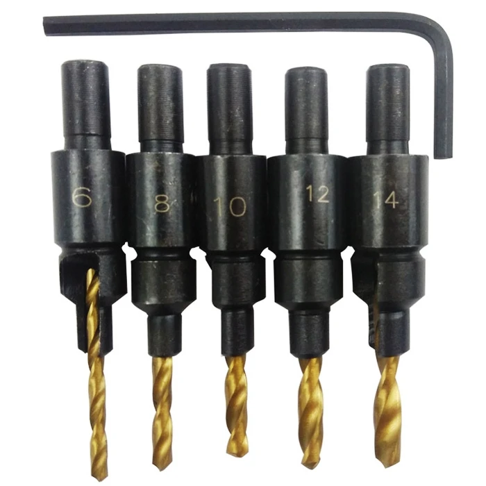 

5 PCS HSS Countersink Woodworking Drill Bit Set Counterbore Pilot hole For Screw Sizes #6 #8 #10 #12 #14