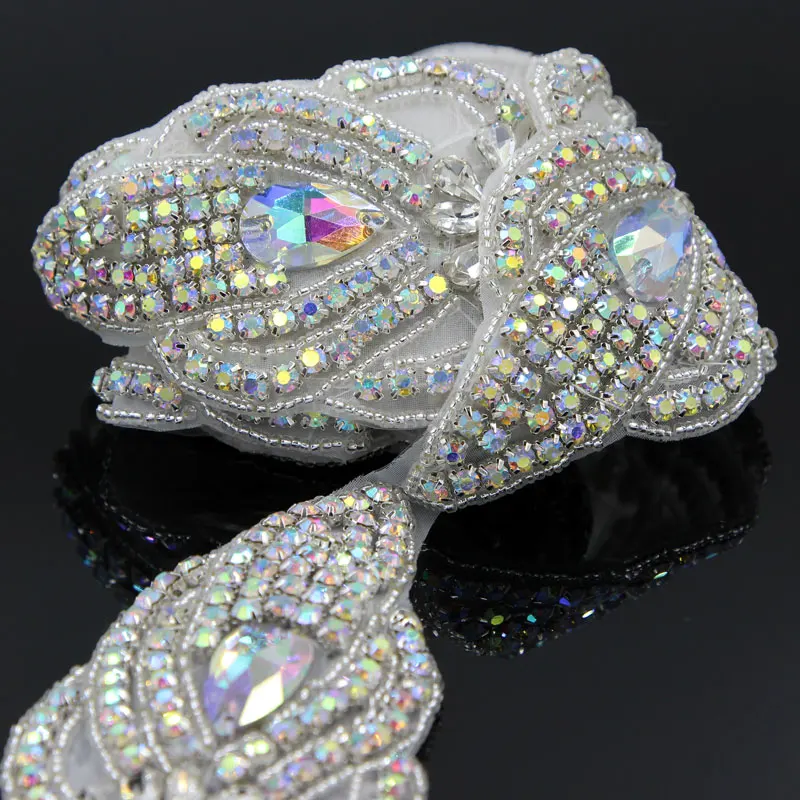 

1Yd AB Rhinestone Trim Wedding Bridal Sew On Dress Applique Silver Crystal Sash Belt 6cm Width