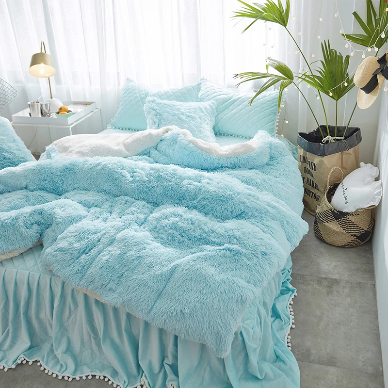 

Blue Pink Gray White Purple Mink Velvet Girls Bedding Set Soft Berber Fleece Duvet Cover Thick Bed Sheet Bed Skirt Pillowcases