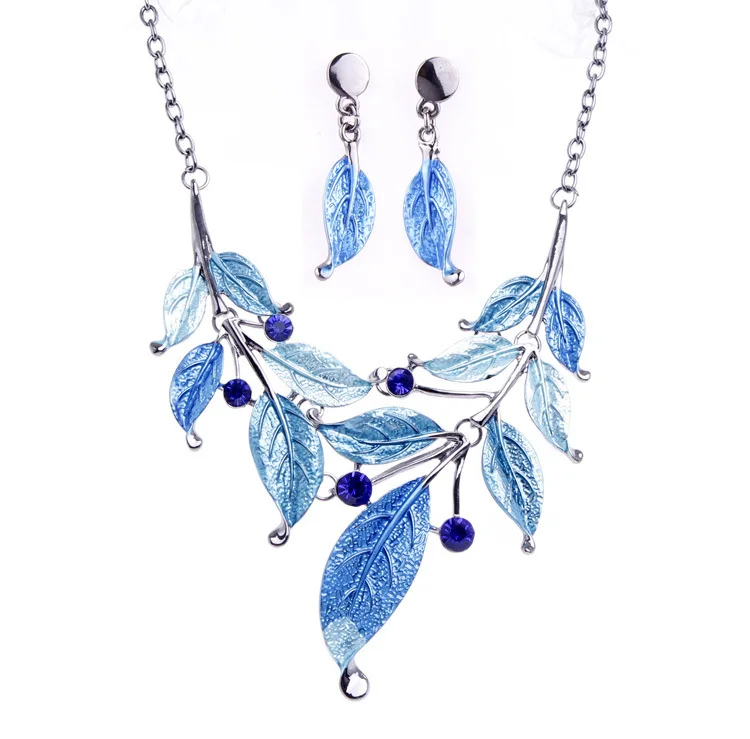 Enamel Jewelry Set Gunblack Plating Leaf Necklaces And Earrings Set