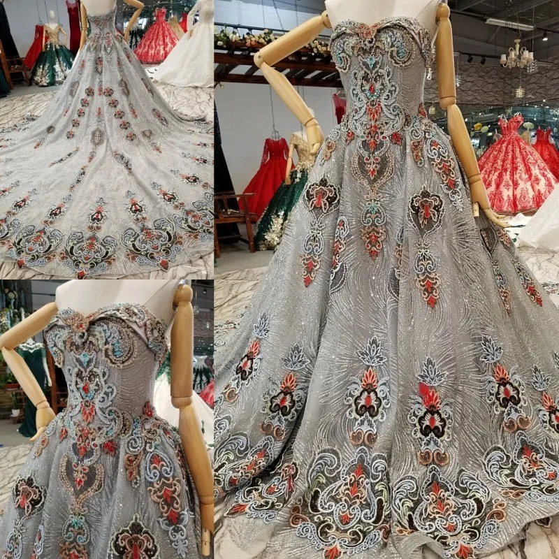Vintage Silver Glitter Fabric Lace Ball Gowns Wedding Dresses 2018