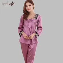 Весна Лето с длинным рукавом Женская шелковая пижама Наборы женский кружевной атлас с вышивкой пижамы ночное белье домашняя одежда L XL XXL E0506