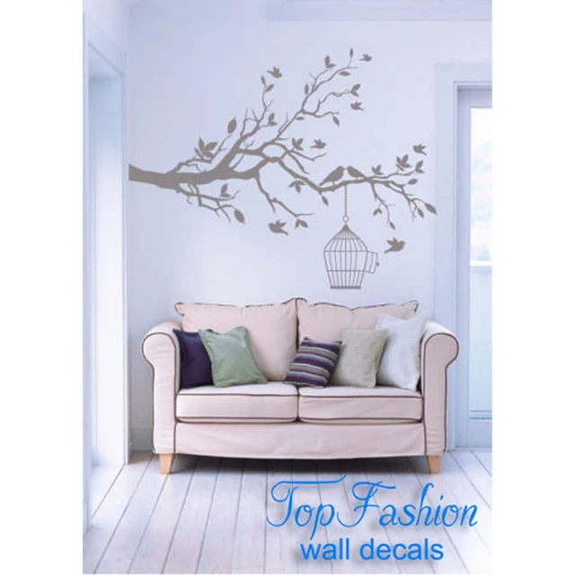 branche d'arbre avec feuilles cage À oiseaux stickers muraux