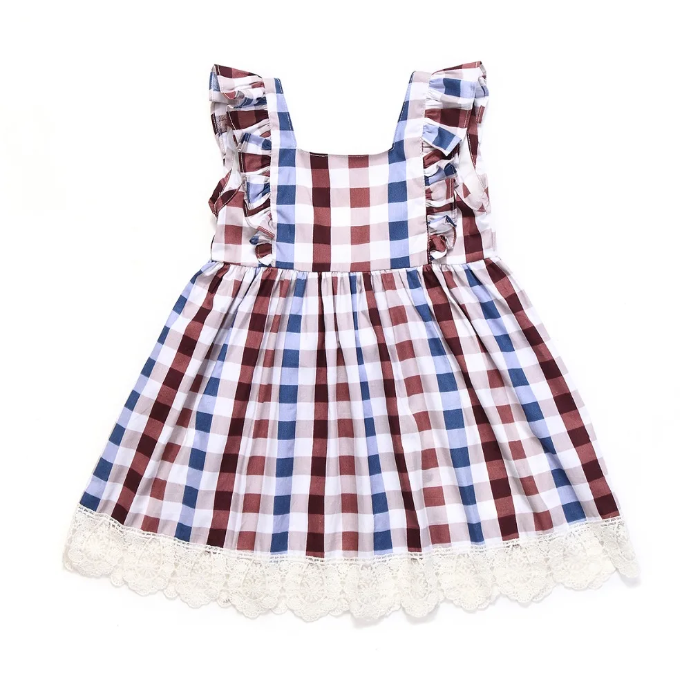 Flofallzique/платье для маленьких девочек г. Летние Стильные Вечерние платья принцессы в клетку с оборками и кружевом для маленьких девочек