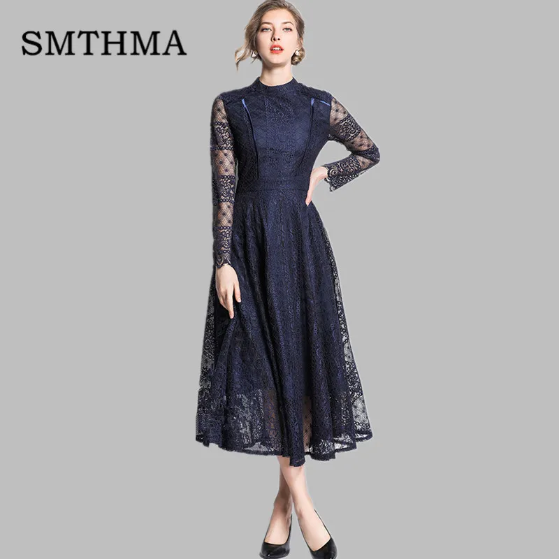 

High quality luxury runway Elegant hollow out lace dress Women vintage long sleeve slim Long dress Sexy party dress vestidos