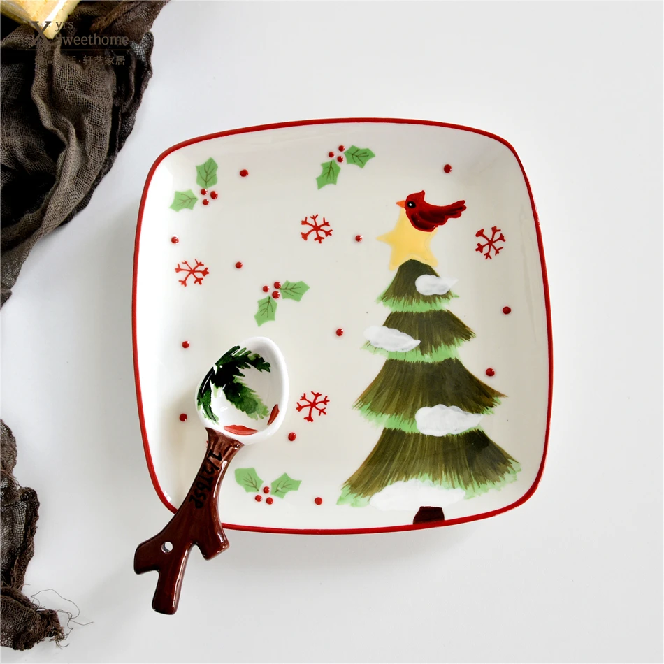 

Personality Ceramic Dinner Plate Deep Dish Christmas Tree Red Bird plate Relief Holiday tray Fruit Salad Bowl Kitchen decoration