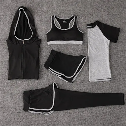 Новые костюмы для йоги, женская одежда для спортзала, спортивный костюм для фитнеса, бега, спортивный бюстгальтер+ спортивные Леггинсы+ шорты для йоги+ Топ, комплект из 5 предметов размера плюс M-XXL - Цвет: Серый