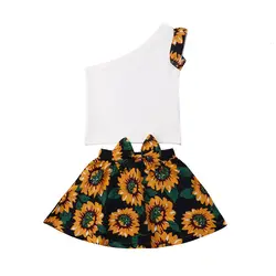 Emmaaby/модные милые летние комплекты одежды с цветами для маленьких девочек топы с одним плечом, Футболка Юбки с цветочным принтом маленькие