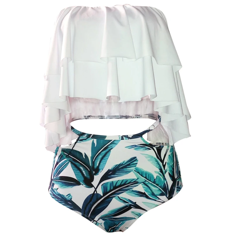 White-S-XXL-Bandeau-Ruffled-High-Waist-Bikini-Set-Flouncing-Swimsuit-Plus-Size-Swimwear-Women-Off