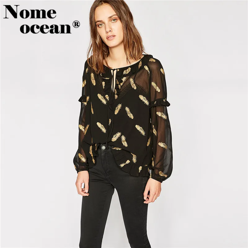 GOLDEN FEATHERS TOP Drawstring Lace-up Bow Collar Women Shirts 2017 Autumn Long Sleeve Blouses Gold Feather Print Top M17112401 |