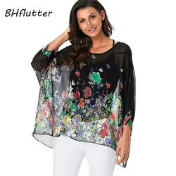 BHflutter Женские топы и блузки Harajuku цветочный шифоновые рубашки с принтом рукав "летучая мышь" повседневное свободная летняя блуза туника плюс