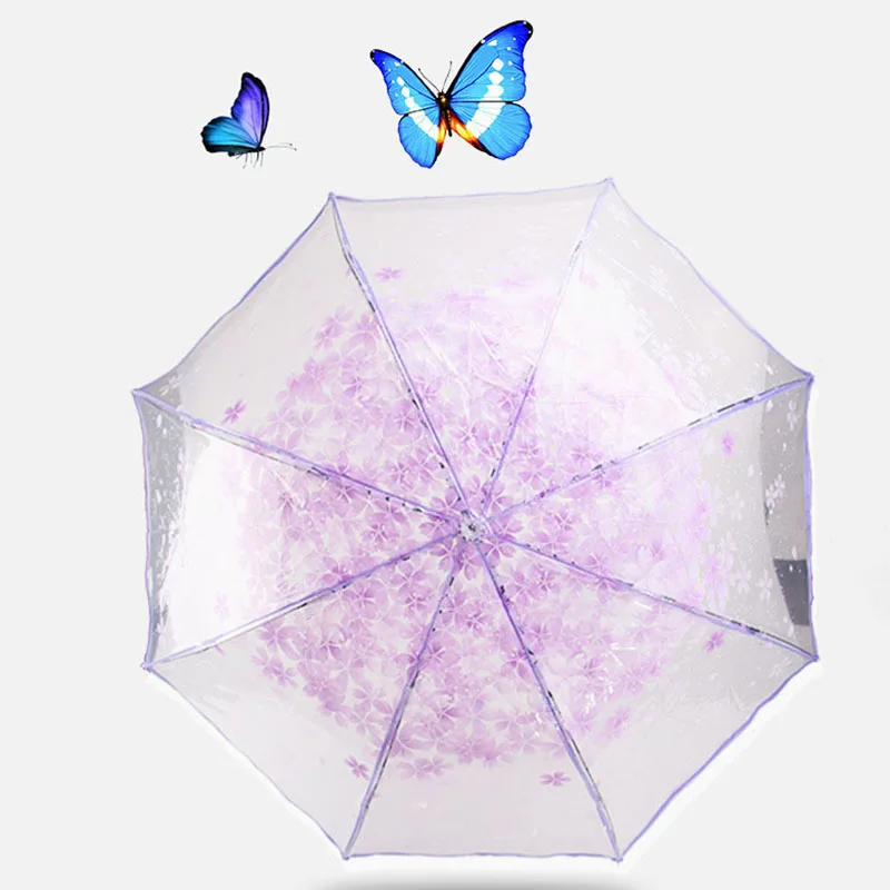 

Umbrellas Three-Folding Women Flower Printing Transparent Clear folding Sunshade Rain Umbrella Dropshipping